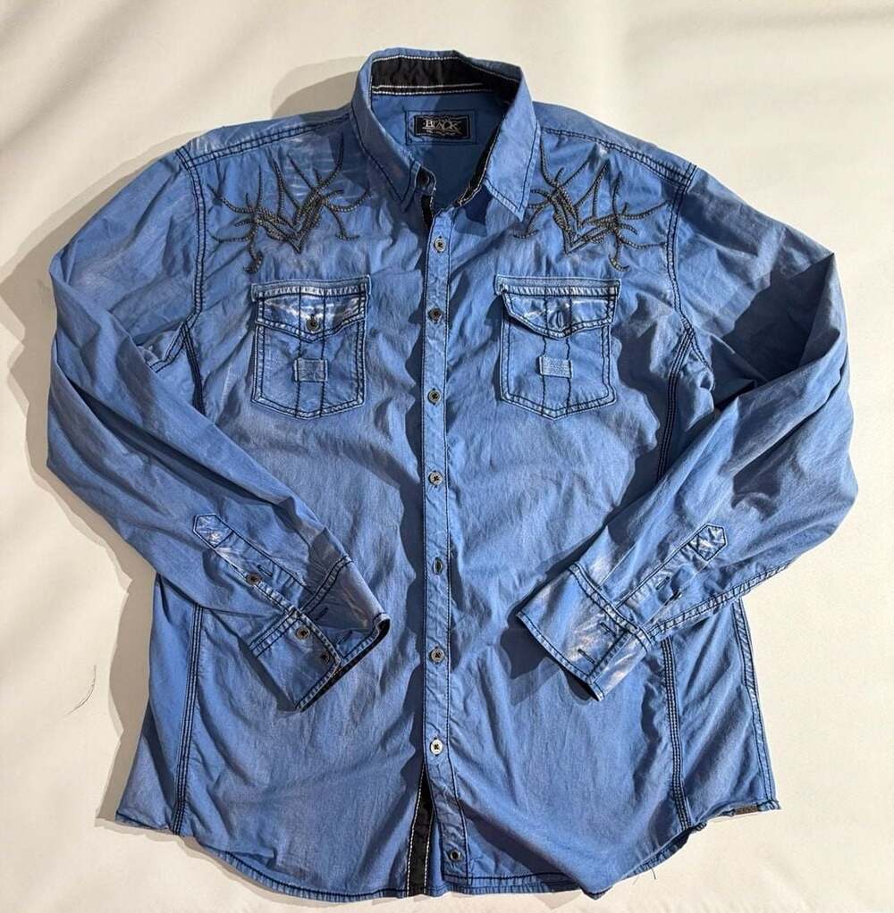 Buckle Black Blue Embroidered Long Sleeve Button Down Shirt Mens XXL